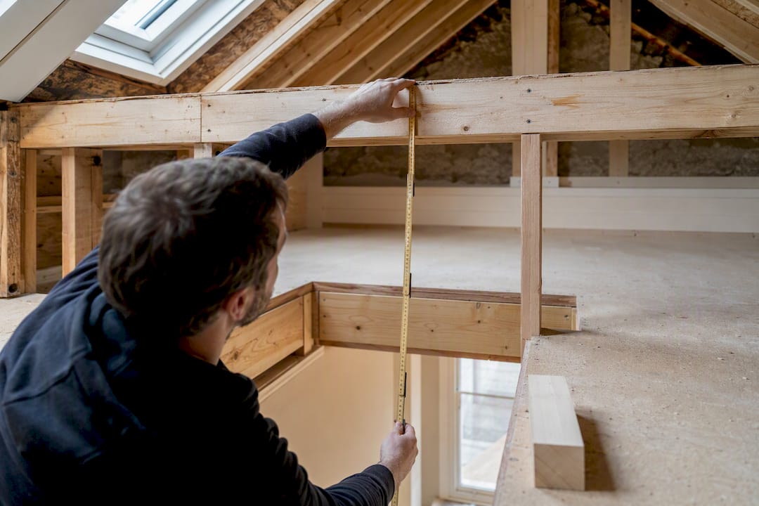 Contractor measuring loft stair headroom