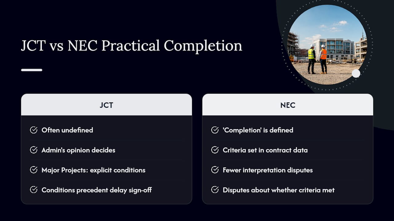 How do JCT and NEC contracts treat practical completion differently? — overview diagram