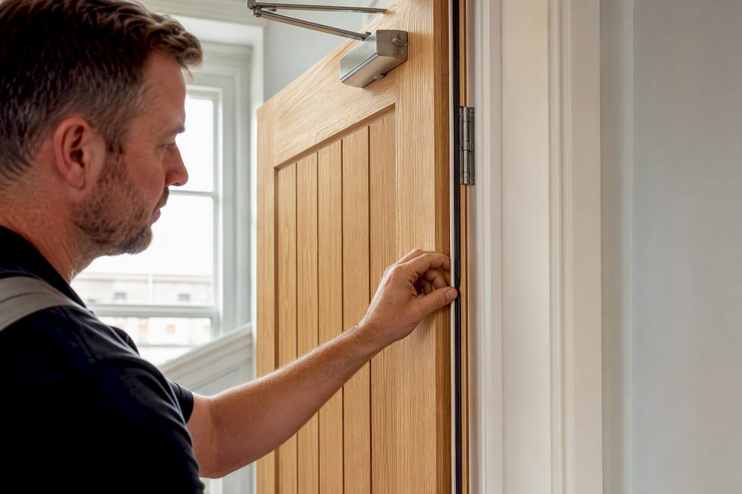 Installer checking fire door seals and hinges