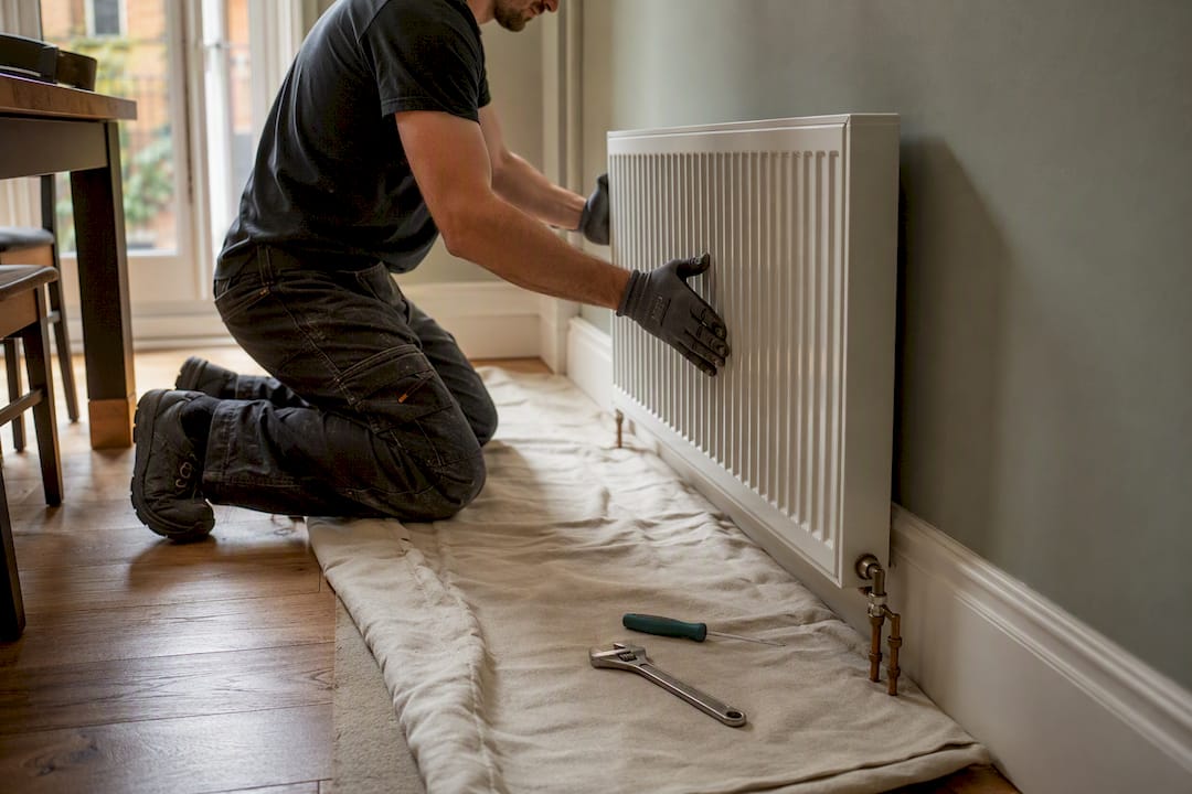 Radiator being repositioned in Victorian townhouse