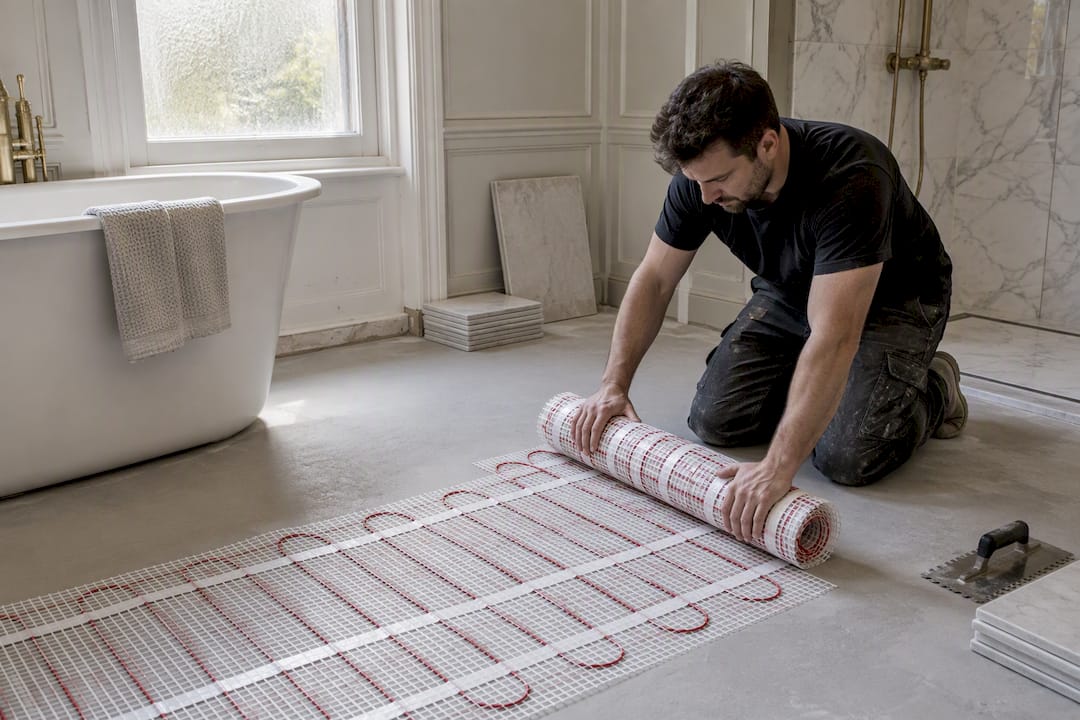 Electric heating mat laid across a bathroom subfloor