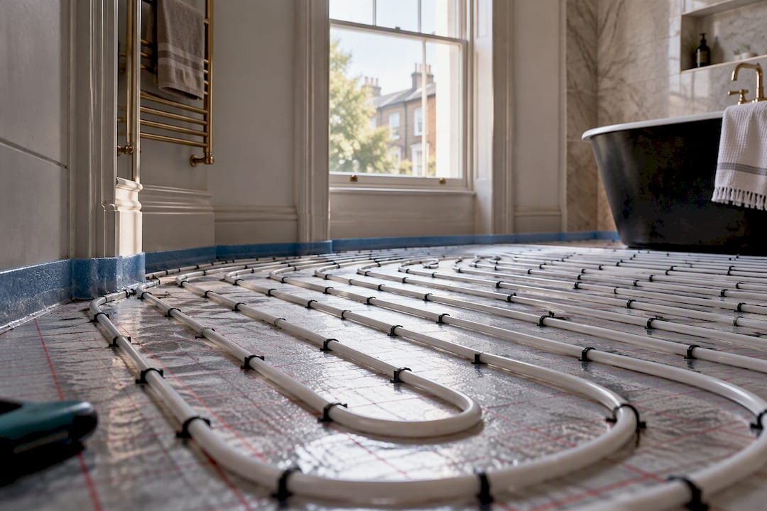 Wet heating pipes laid beneath a London bathroom floor