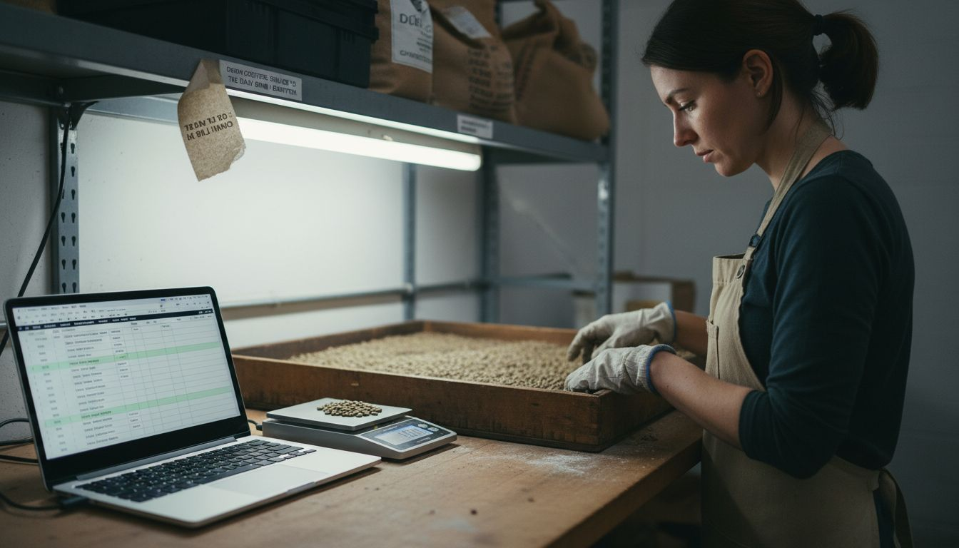 Coffee roaster inspects direct sourced beans