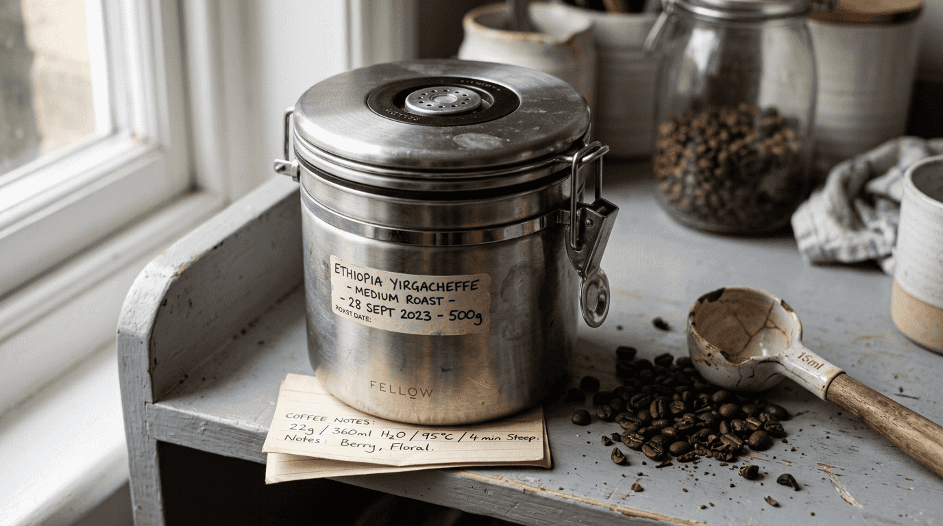 One-way valve coffee storage canister close-up