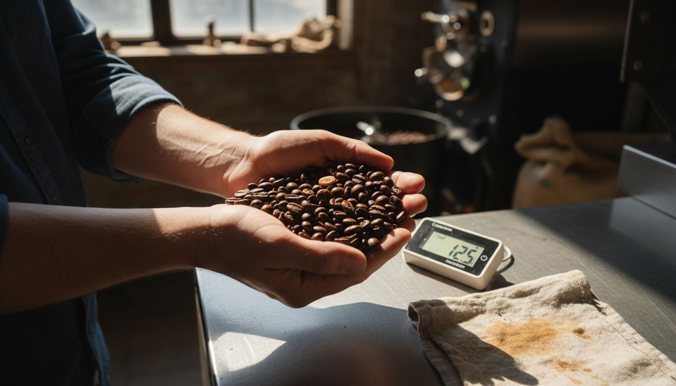 Hands holding mixed roast coffee beans