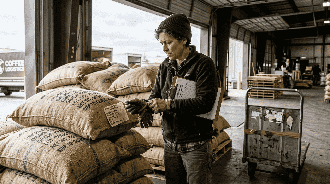 Worker handling coffee shipments at loading dock