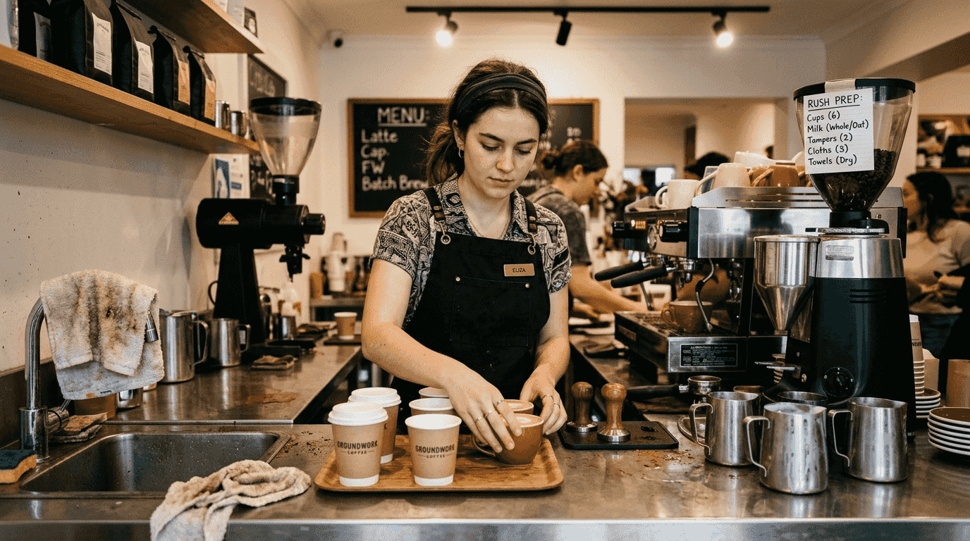 Barista organizing equipment for efficient workflow