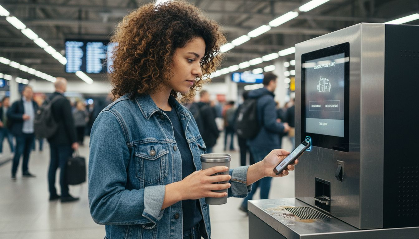 Woman using biometric coffee kiosk