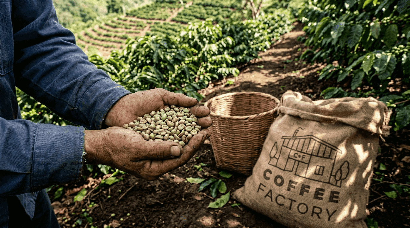 Coffee farmer holding harvested beans