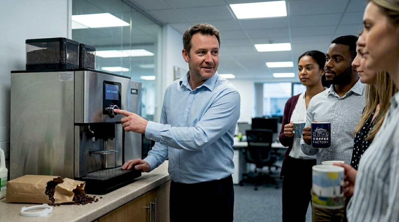 Staff using bean-to-cup coffee machine in office