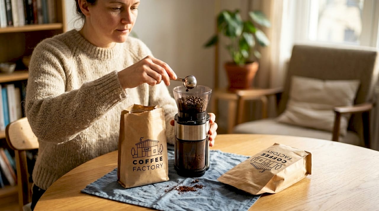 Woman preparing coffee from subscription bags