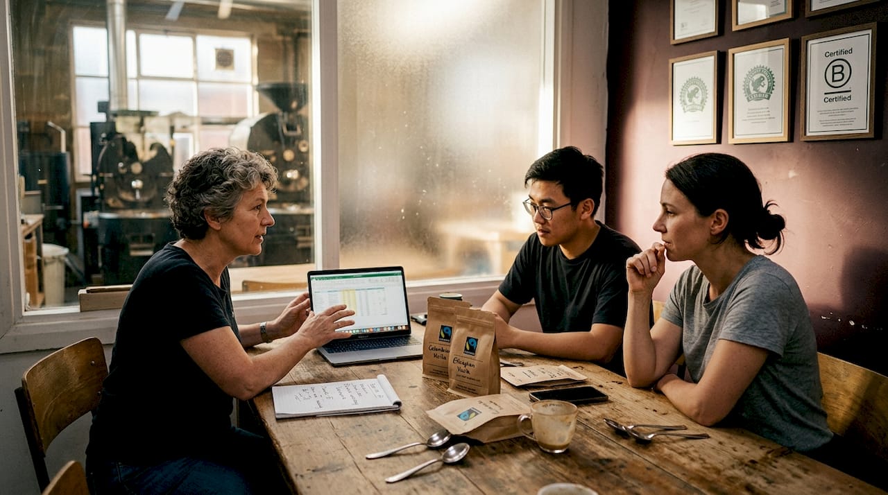 Coffee supplier team discusses sourcing strategy