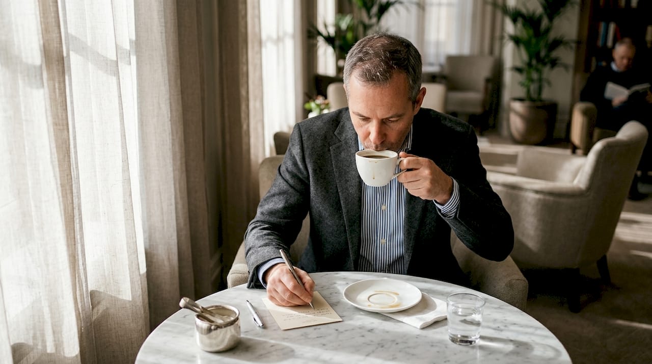 Hotel guest tasting coffee and giving feedback