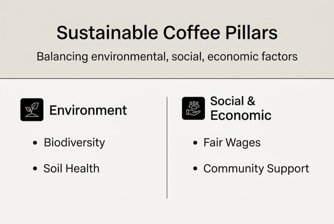 Infographic on sustainable coffee pillars and impacts