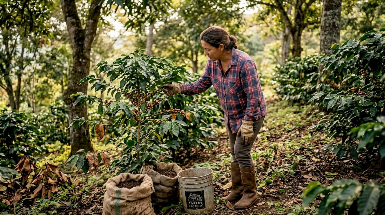 Coffee farmer checking plants on shaded plantation