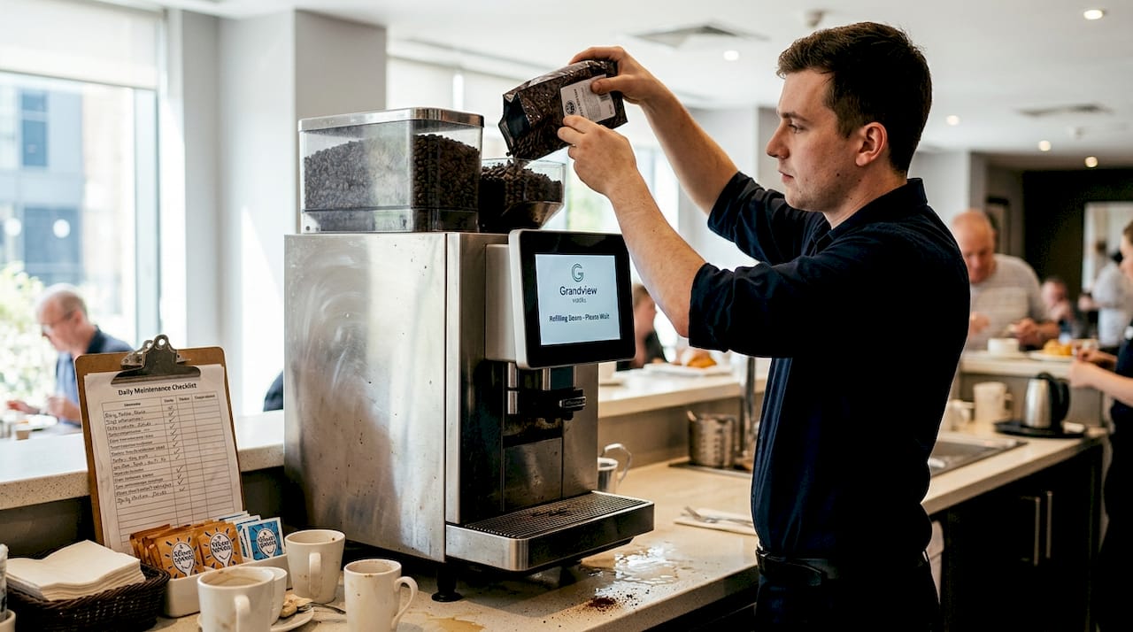 Staff refilling automated coffee machine at breakfast bar