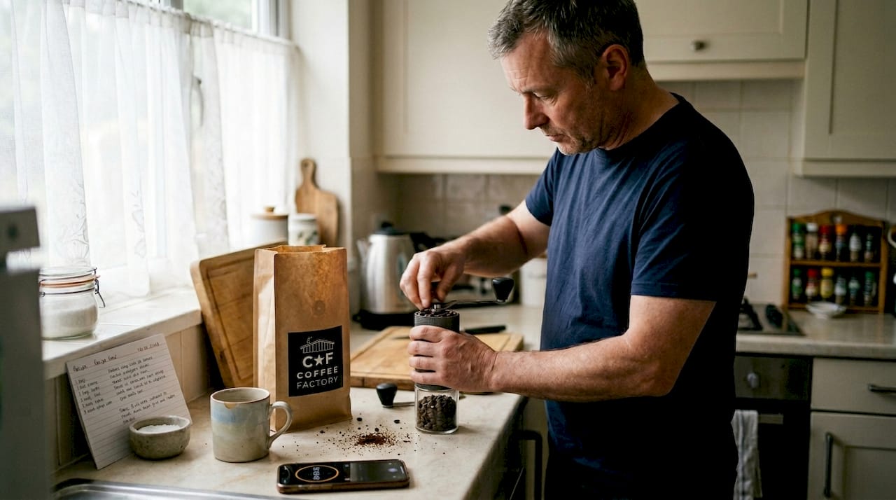 Man grinding fresh coffee beans at home
