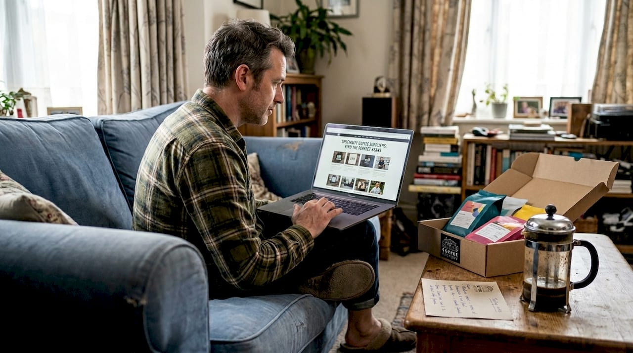 Man researching coffee suppliers in living room