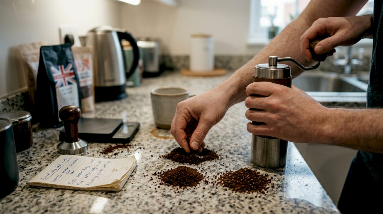 Hands testing grind size for espresso