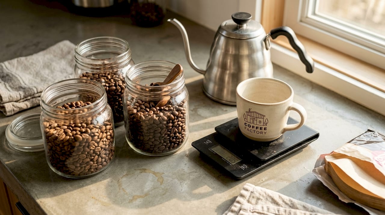 Coffee beans, scale, and accessories on counter