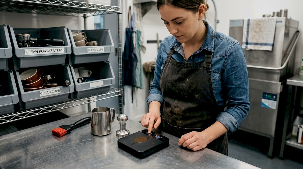 Coffee accessories and tools on prep table