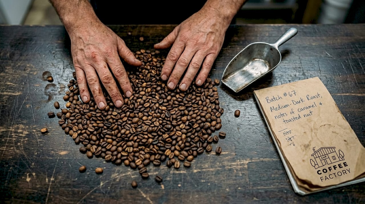 Hands inspecting fresh roasted coffee beans