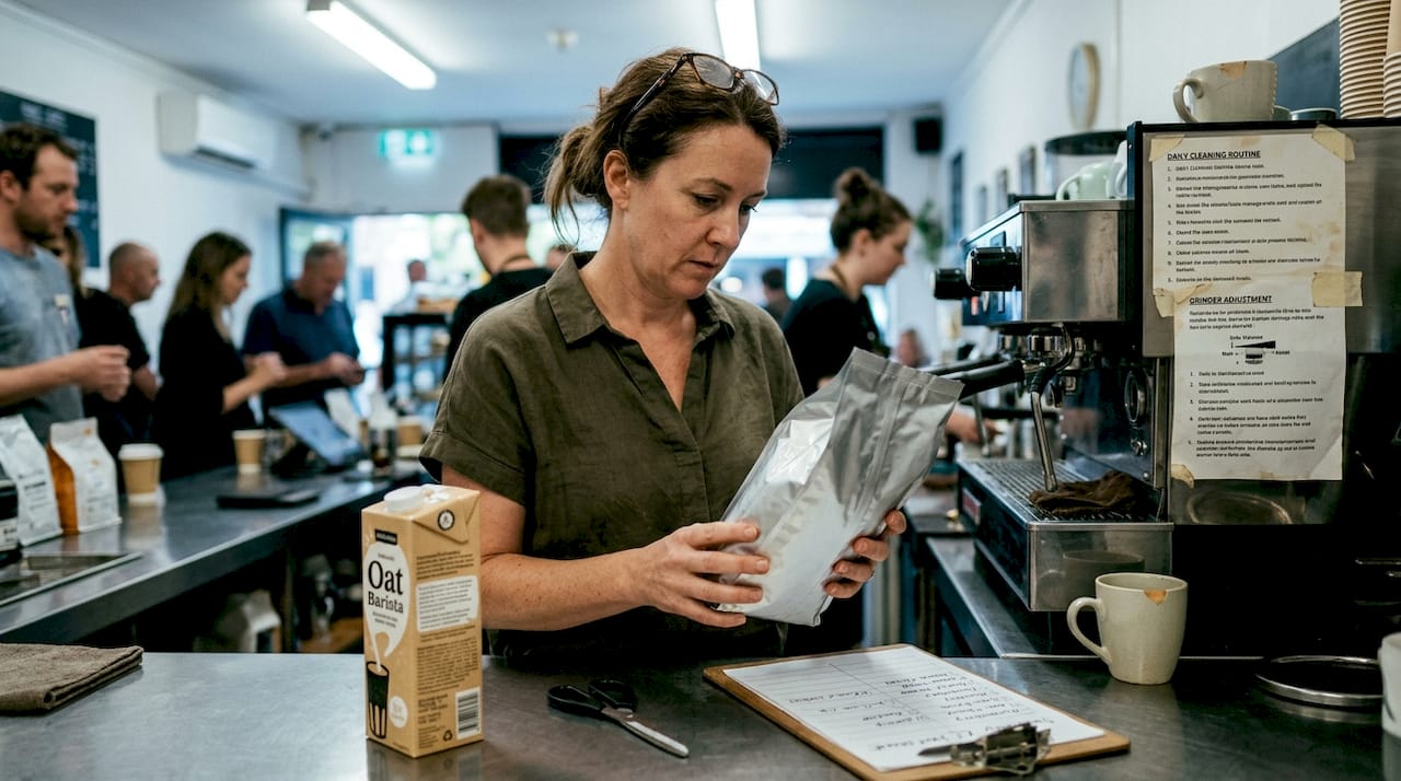 Manager checking roast date on coffee bag