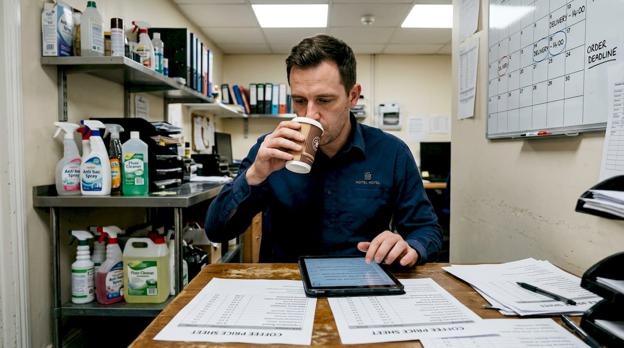 Hospitality manager comparing coffee prices in office