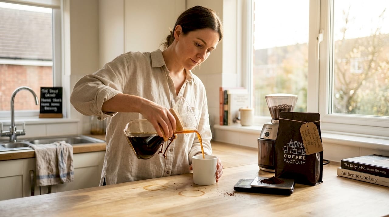 Brewing specialty coffee at home kitchen counter