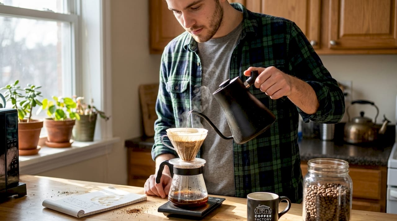 Man making pour-over coffee morning kitchen