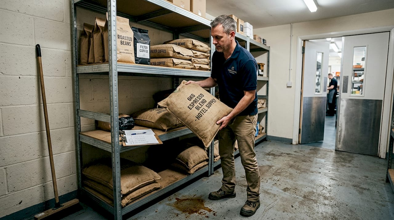 Manager organizing bulk coffee bags on storage shelf