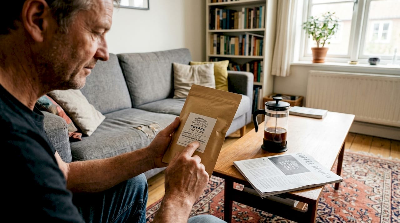 Man checking fresh coffee bag details