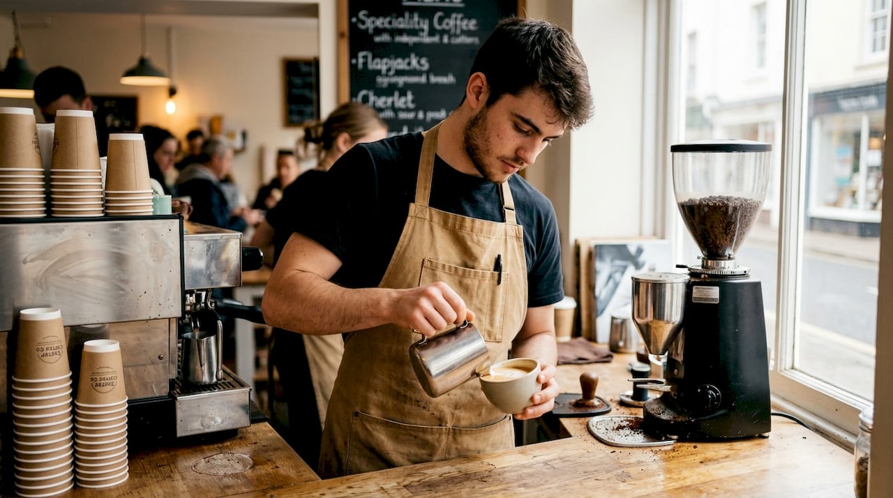 Barista practising latte art behind counter