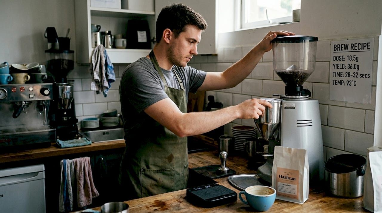 Barista calibrating grinder in café kitchen