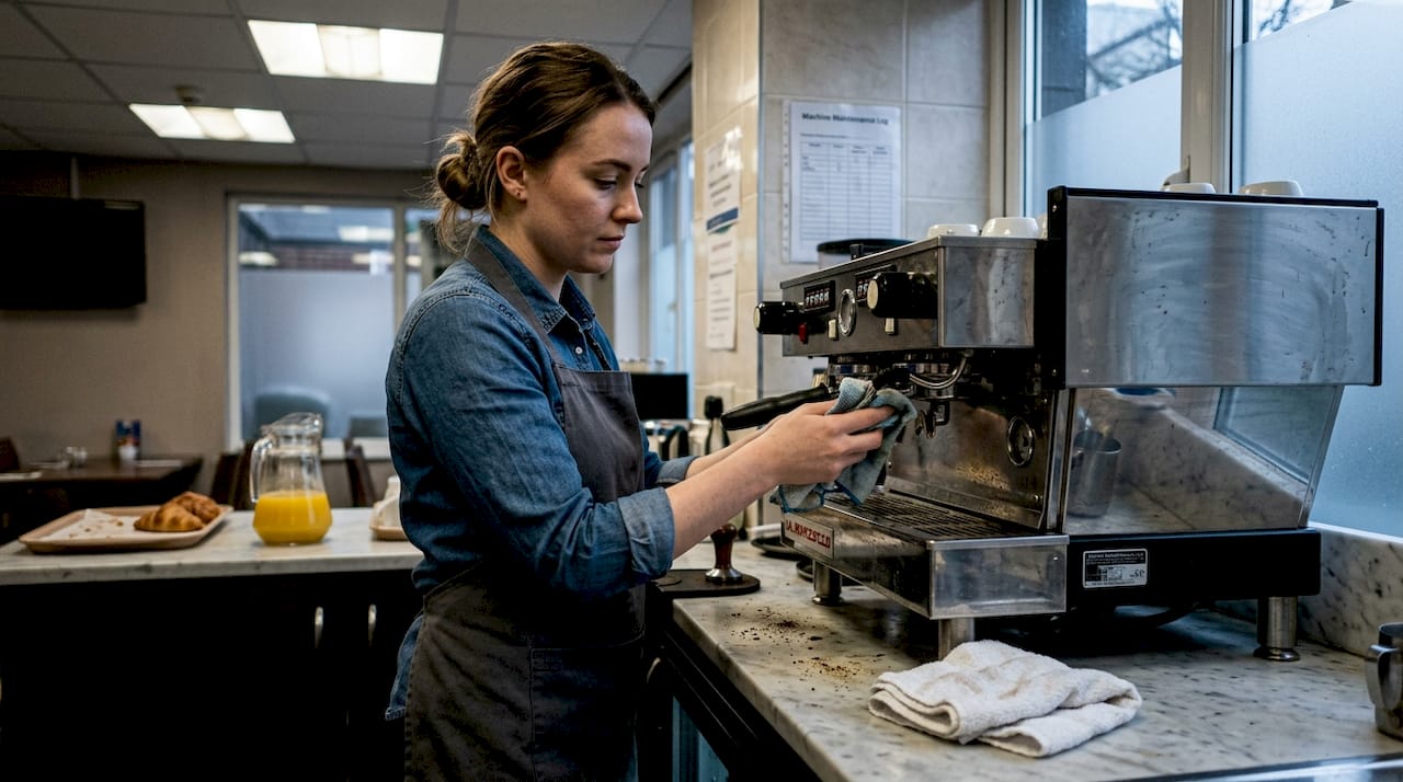 Barista cleaning espresso machine during routine upkeep