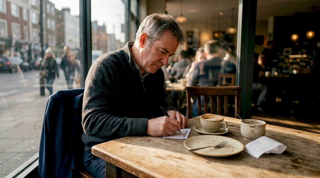 Restaurant guest enjoying coffee with feedback card