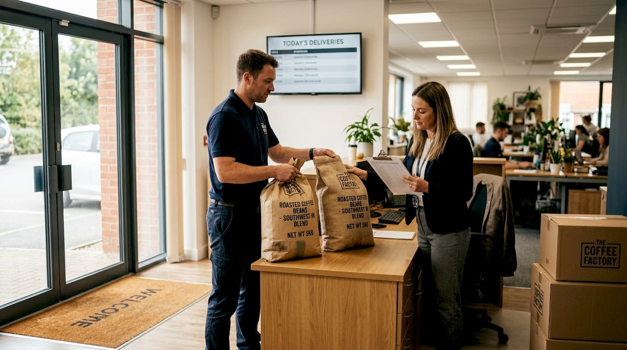 Coffee delivery at office reception desk