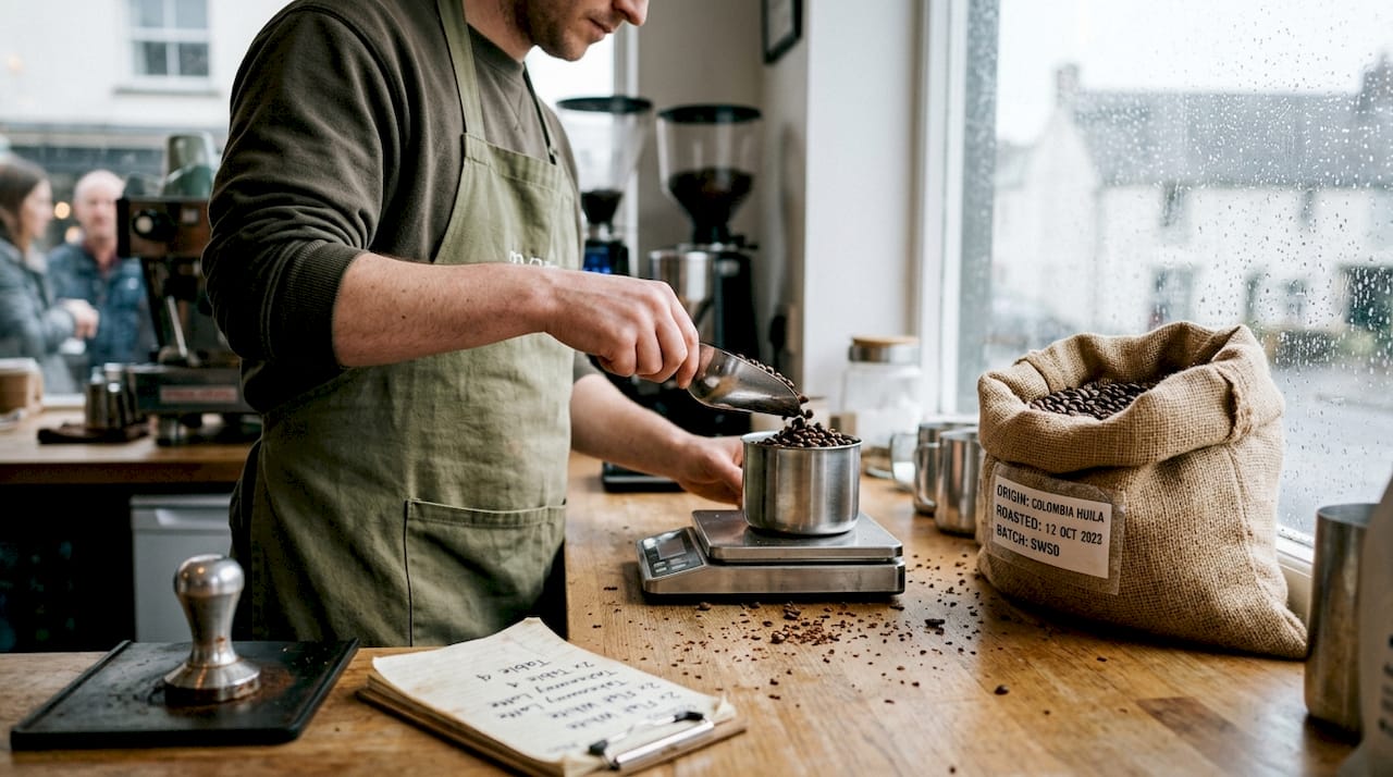 Coffee shop staff weighing fresh roasted beans