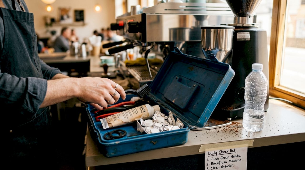Coffee machine maintenance kit with tools and checklist