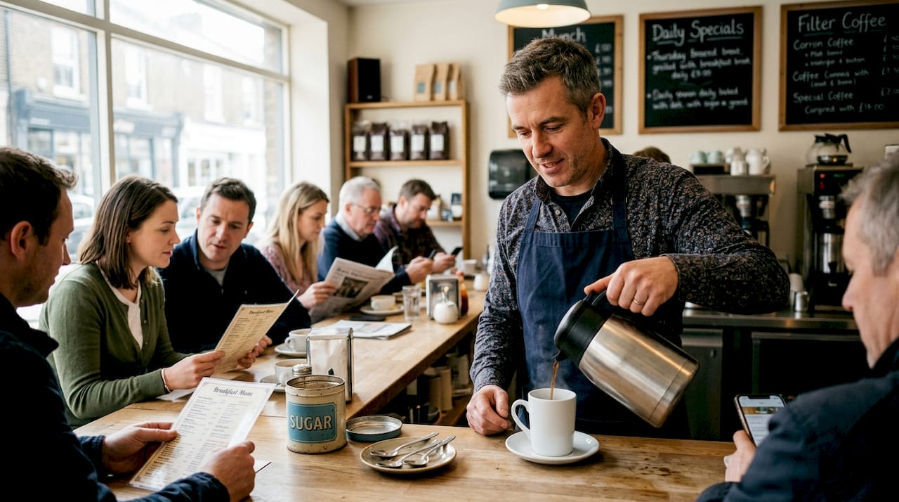 Server pouring coffee at café breakfast bar