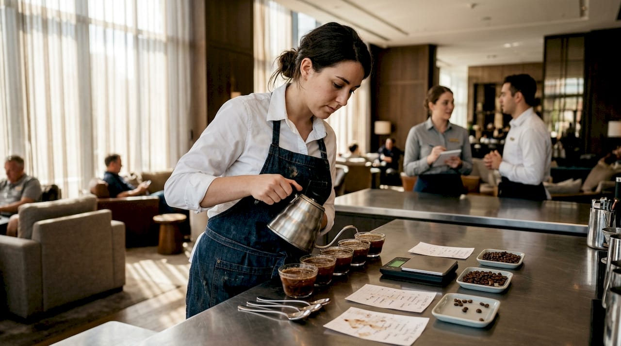 Barista pouring water for coffee cupping