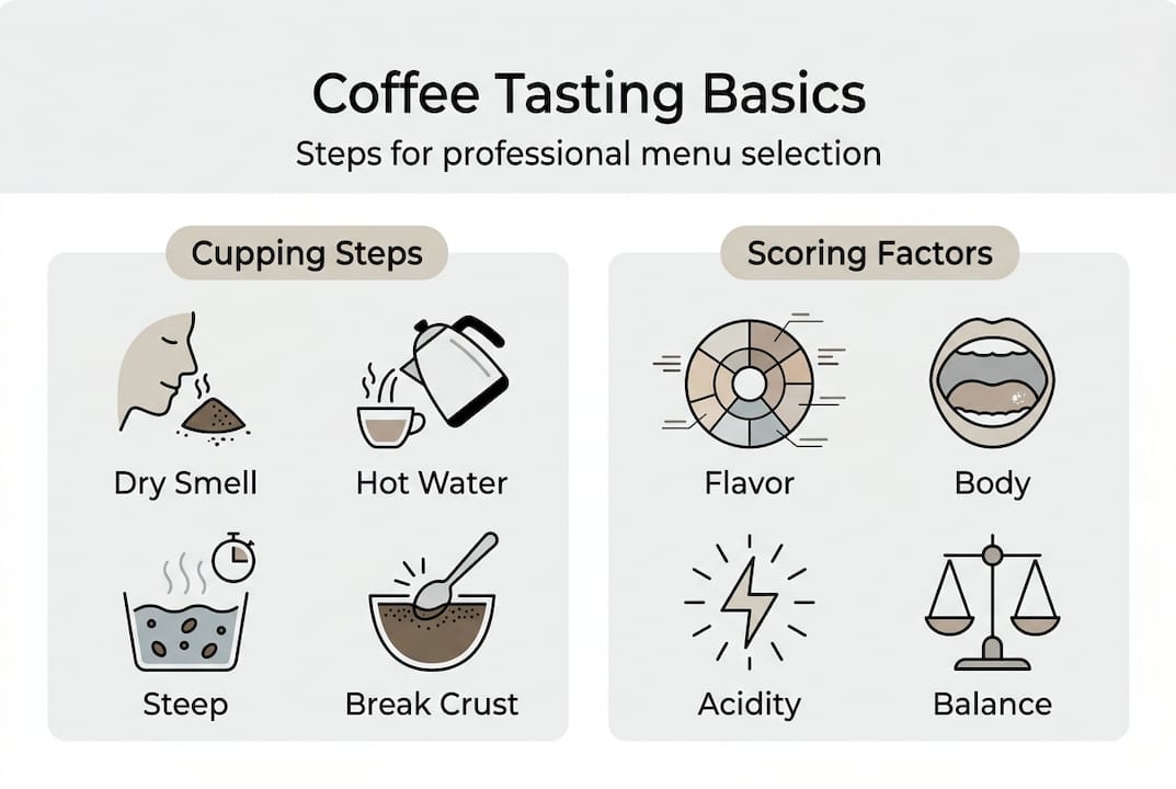 Infographic showing coffee tasting steps and scoring