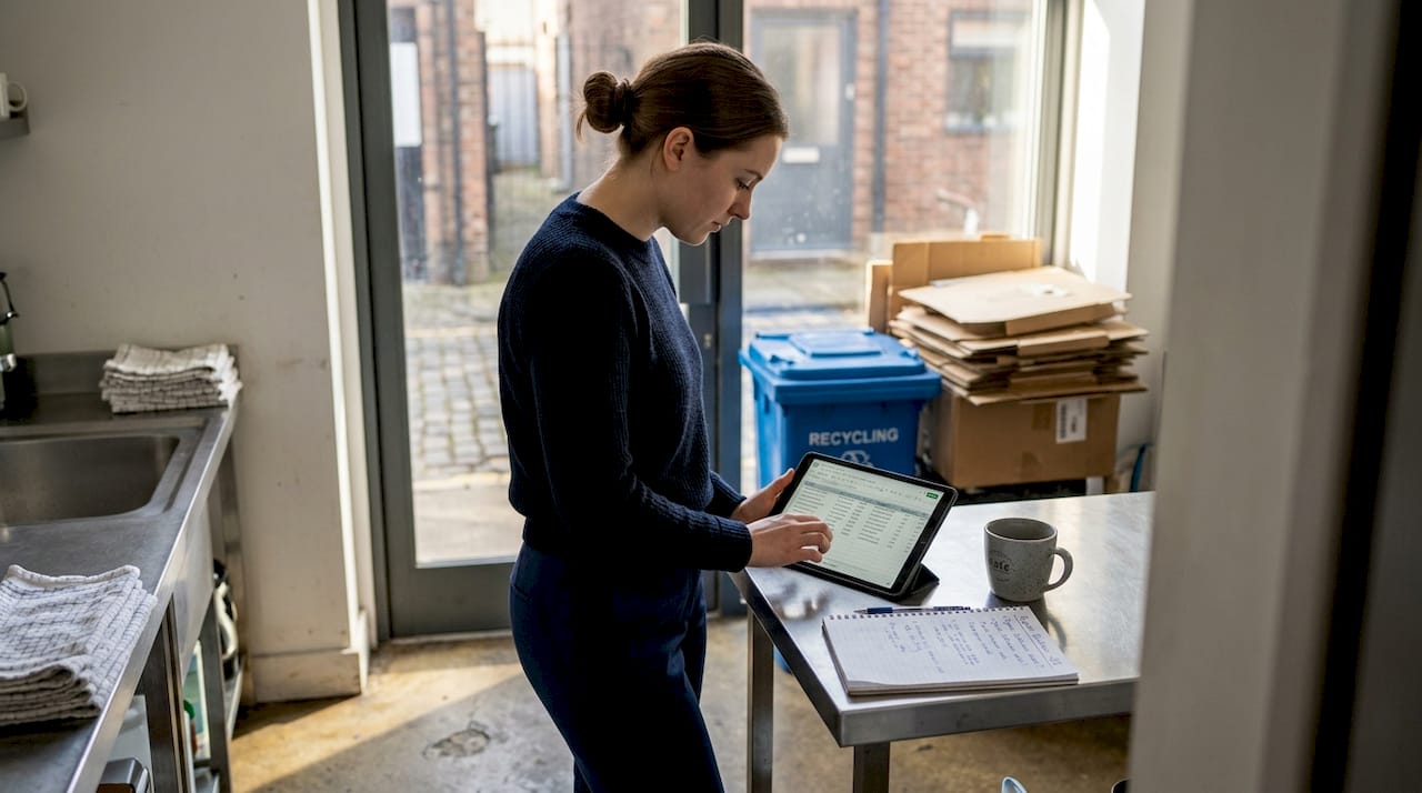 Manager reviewing coffee sourcing records on tablet