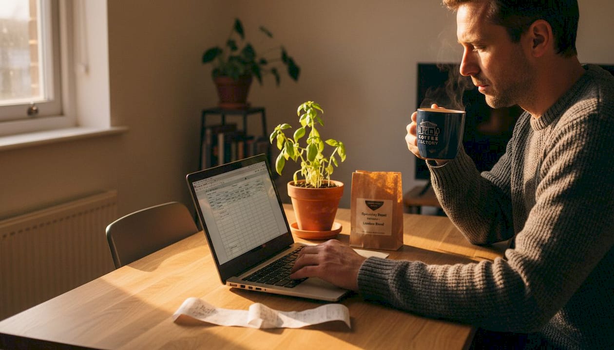 Man comparing cost with specialty coffee at kitchen table