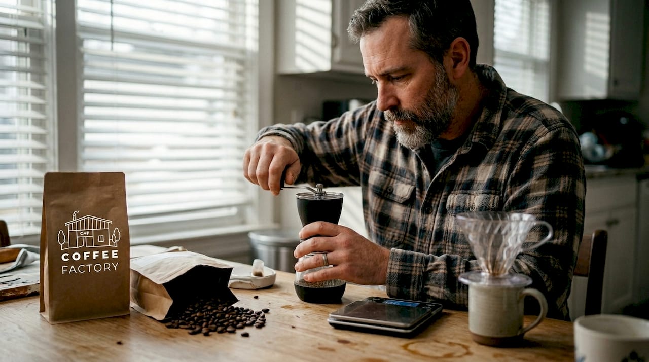 Man preparing dark roast coffee at home