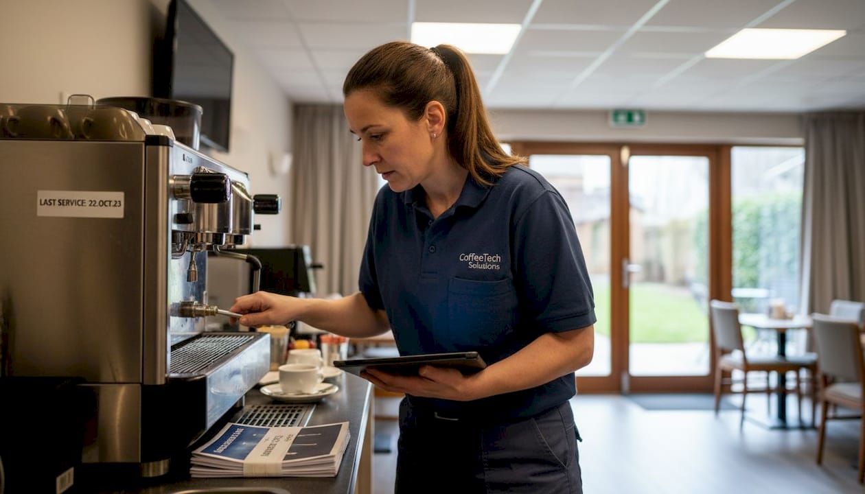 Technician inspecting coffee machine maintenance