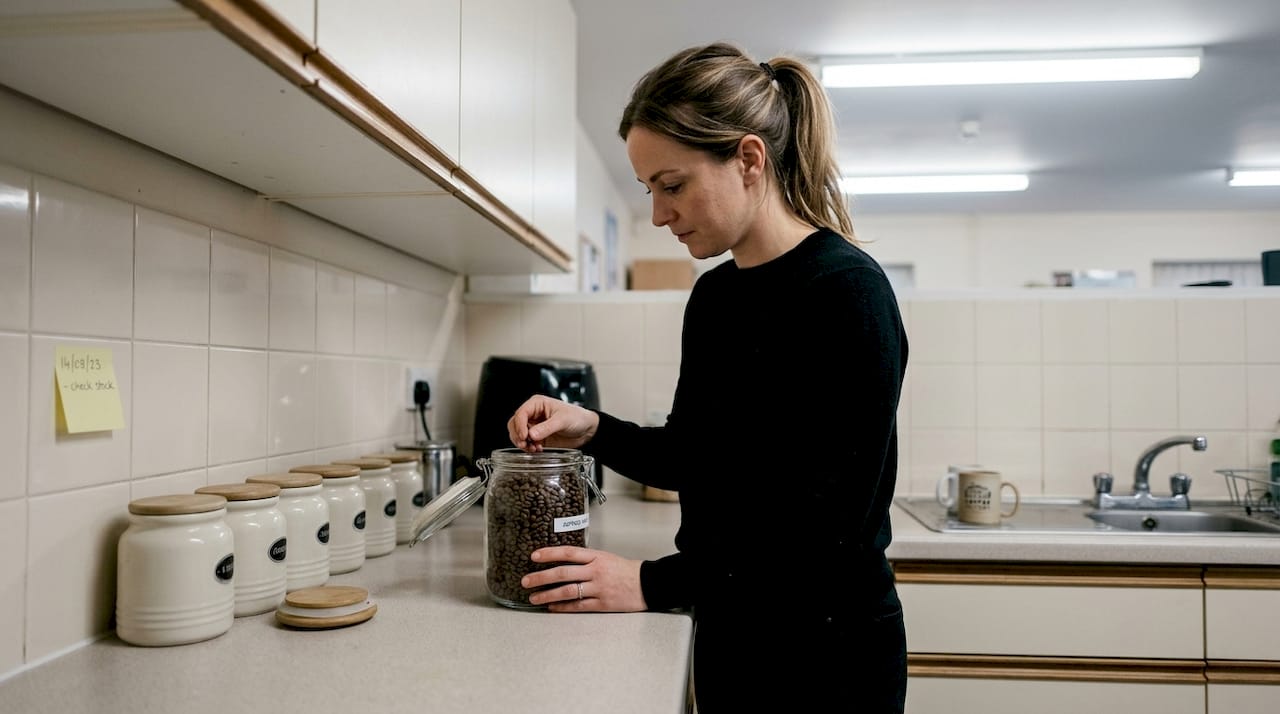 Manager checking airtight coffee storage containers