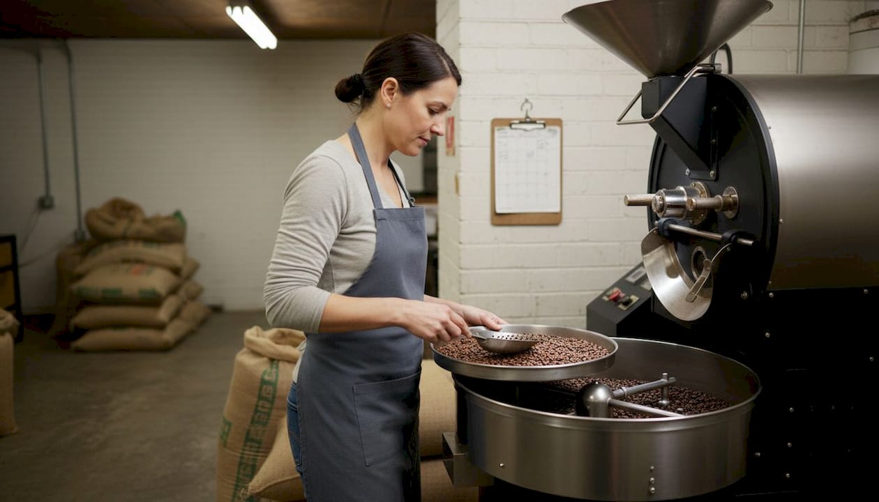 Roaster inspecting fresh coffee beans at work
