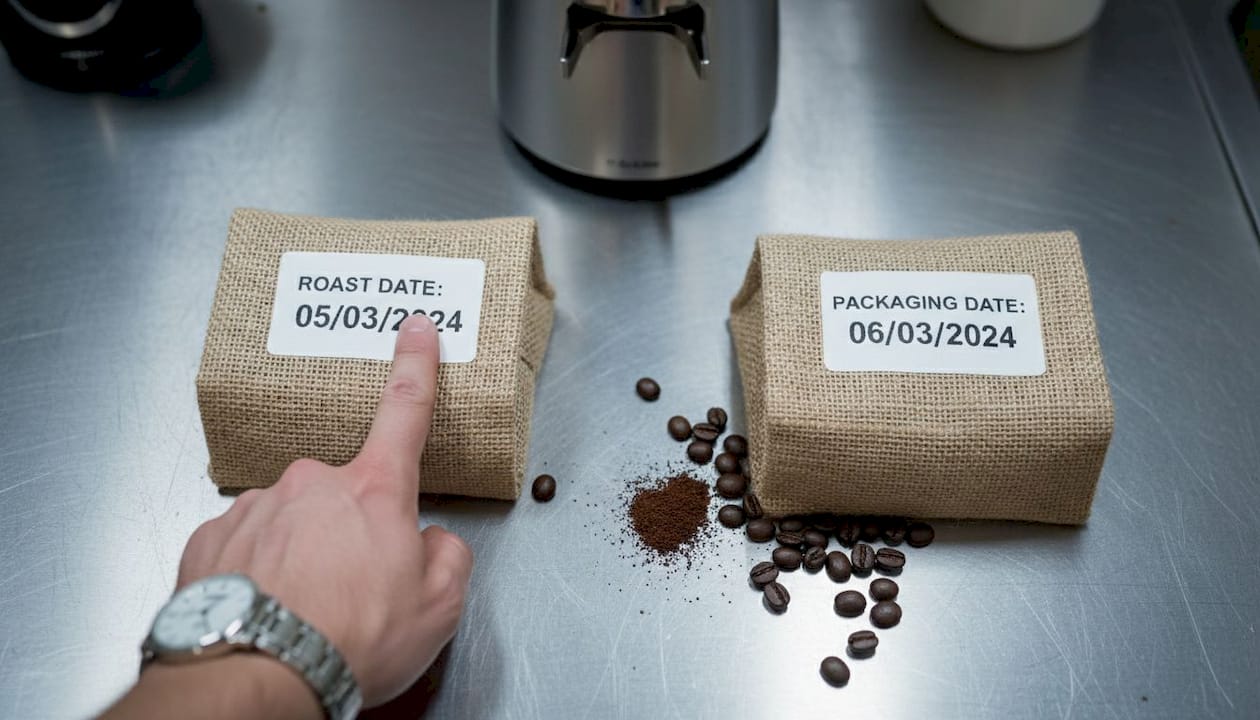 Coffee bags showing roast and packaging dates
