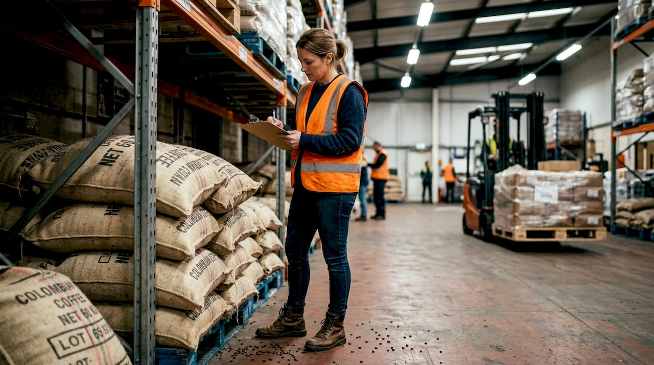 Warehouse manager checks coffee bean shipment